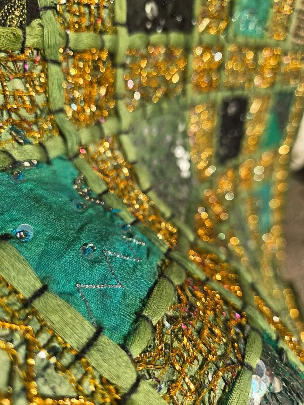 Vintage Pier 1 Imports Beaded Patchwork Placemat – Green & Gold Boho Table Decor